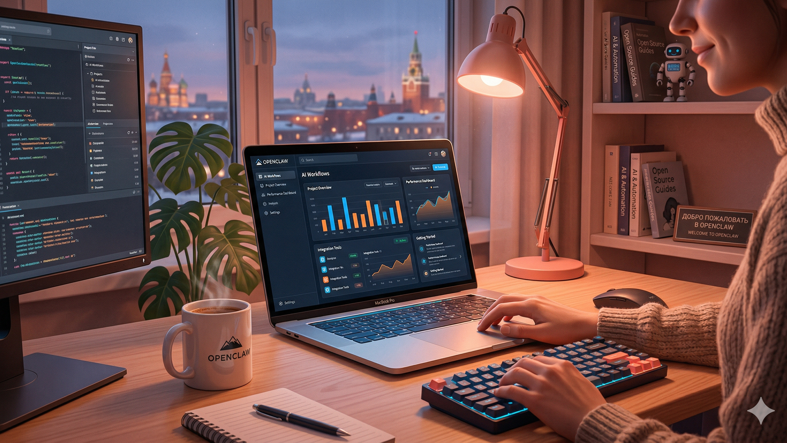 Рабочее место с ноутбуком и панелью OpenClaw для быстрого старта