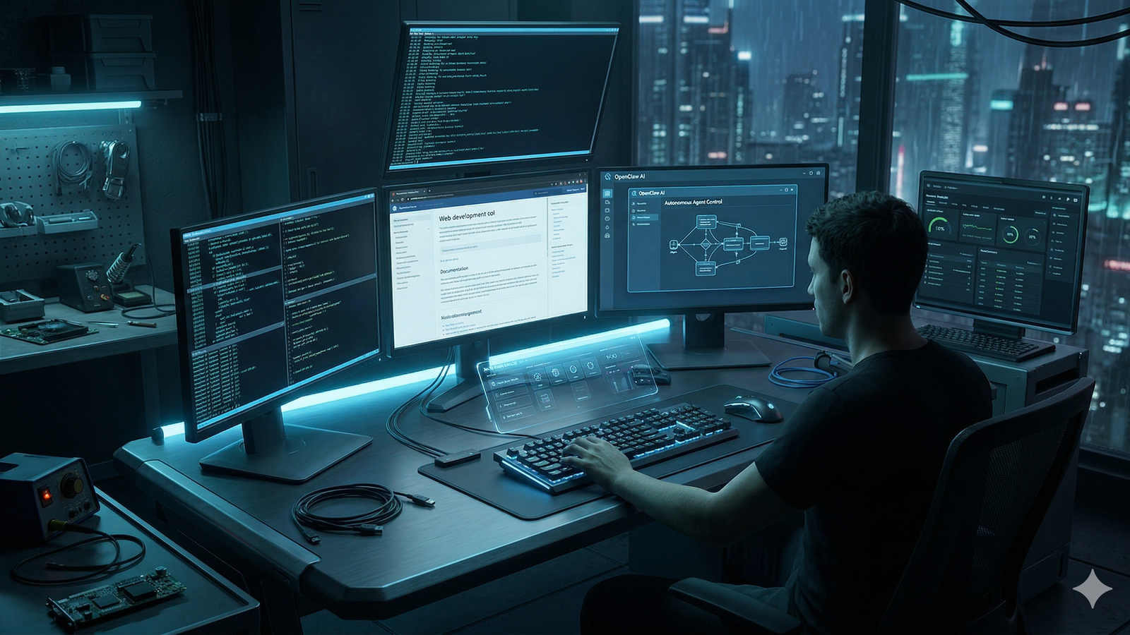 AI-агент OpenClaw за рабочей станцией с терминалом и дашбордами